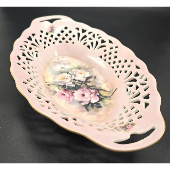 Vintage Porcelain Pink Oval Dish Reticulated Edges Floral Rose Design JJ3903 - Picture 6 of 8